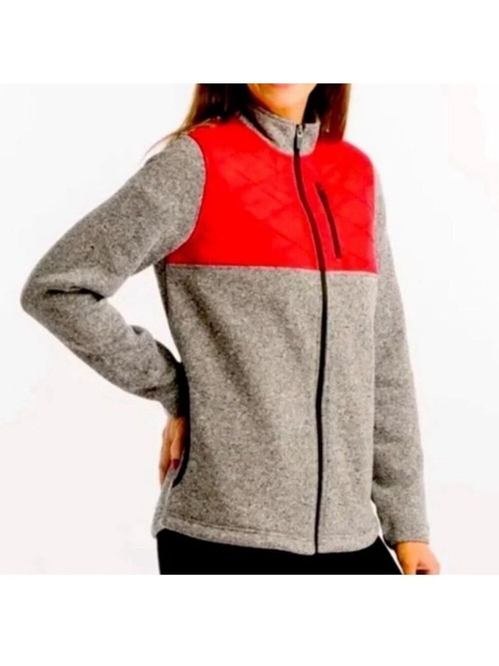 ZYIA Active fleece colour blocked jacket front zip mock neck grey red size med
